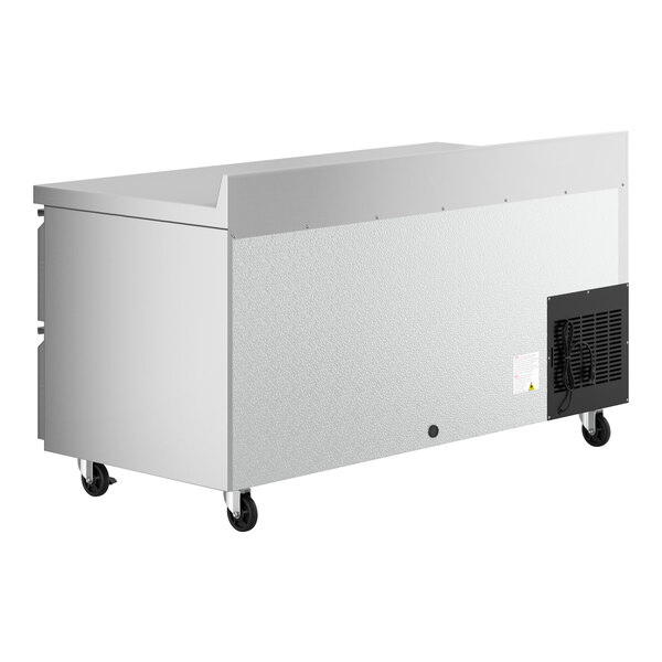An Avantco stainless steel worktop refrigerator with four drawers and wheels.