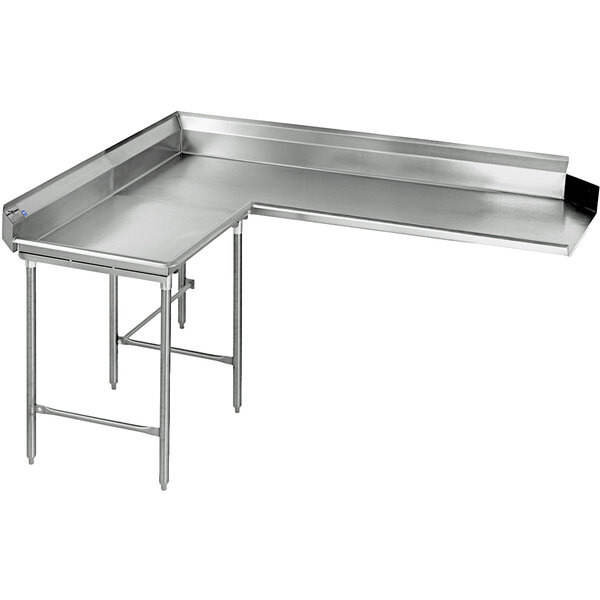 A close-up of an Eagle Group stainless steel L-shape dishtable corner.