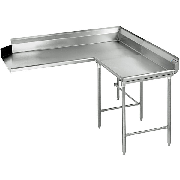 A stainless steel Eagle Group L-shape dishtable on a counter.