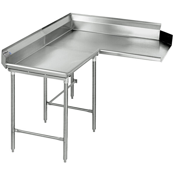 A Eagle Group stainless steel L-shape dishtable with a metal corner.