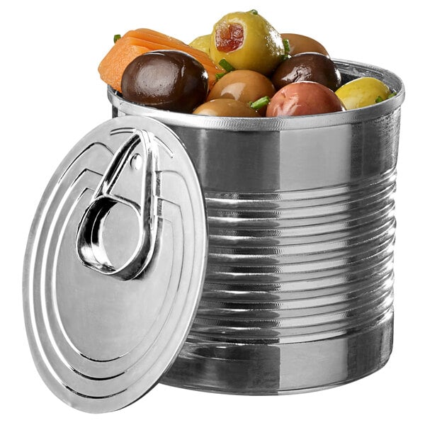 A Solia silver plastic tin filled with green olives and carrots.