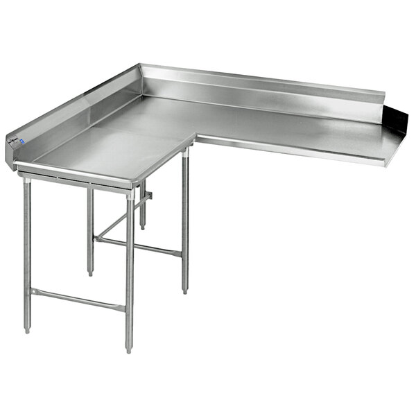 A stainless steel Eagle Group L-shape dishtable with a metal corner.