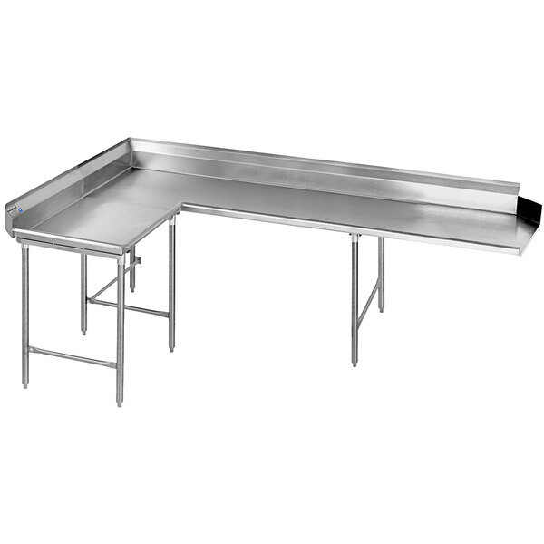 A stainless steel Eagle Group clean L-shape dishtable with legs.