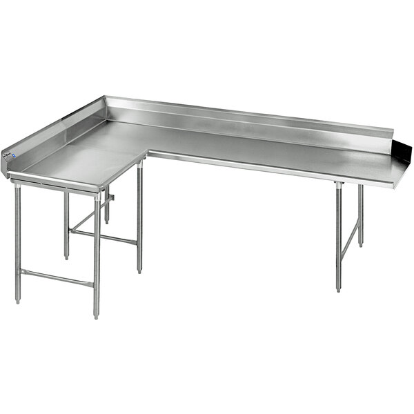 A close-up of an Eagle Group stainless steel L-shape dishtable.