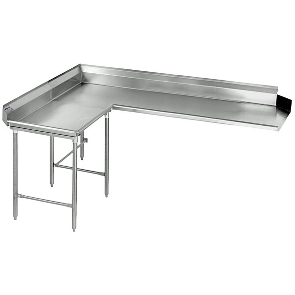 An Eagle Group stainless steel L-shape dishtable with legs.