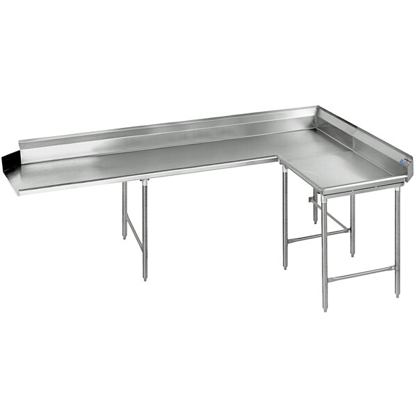 A close-up of an Eagle Group stainless steel L-shape dishtable.