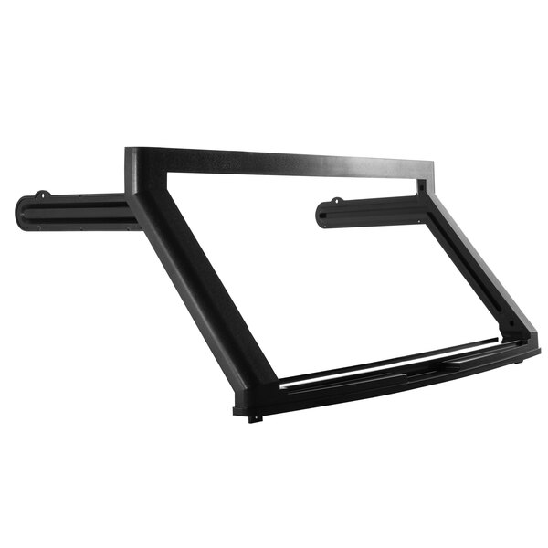 A black metal frame with two hooks on it.