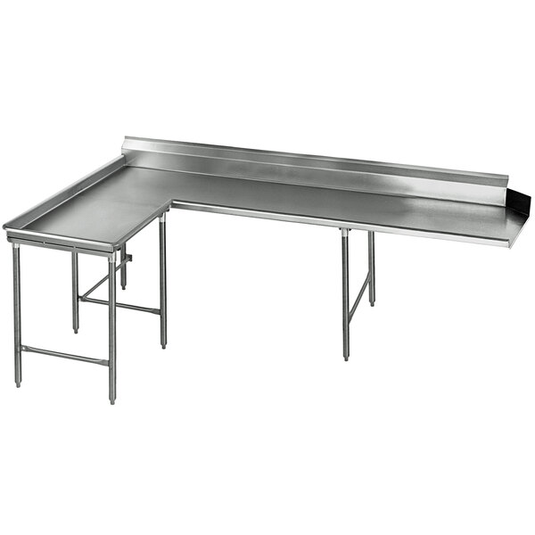 A long stainless steel Eagle Group dishtable with a rectangular top.
