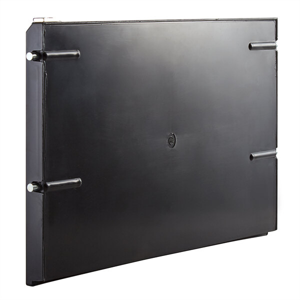 A black metal Avantco Ice door panel with metal rods and two metal handles.