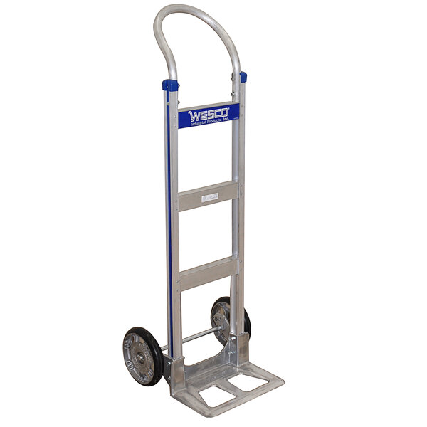 A silver Wesco hand truck with wheels and a nose plate.