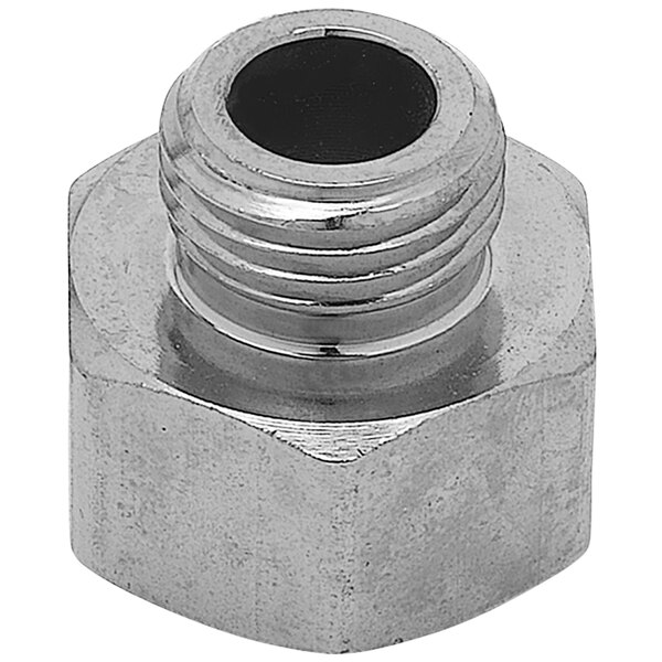 A close-up of a stainless steel T&S female threaded nut.