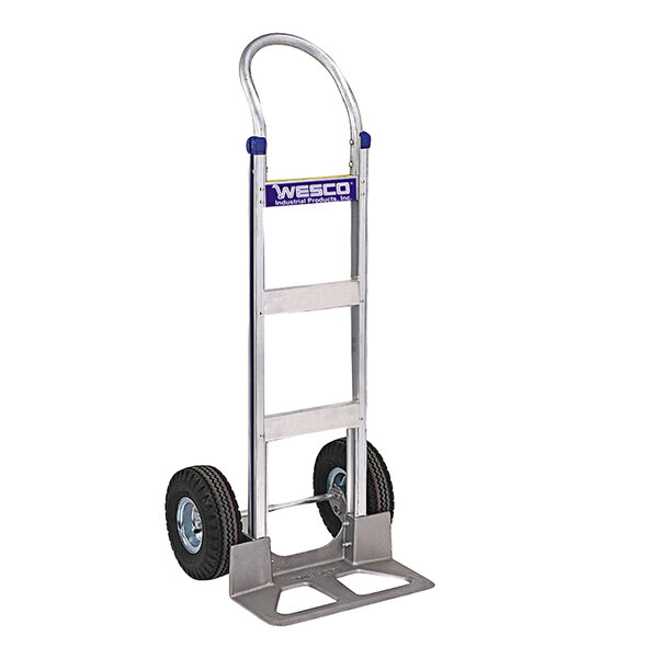 A silver Wesco hand truck with wheels and a handle.