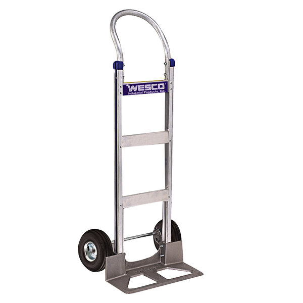 A Wesco hand truck with 10" pneumatic wheels and an 18" nose plate.