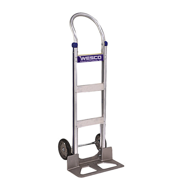 A silver Wesco hand truck with wheels and a blue handle.
