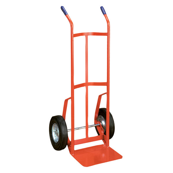 A red Wesco Industrial hand truck with black wheels.