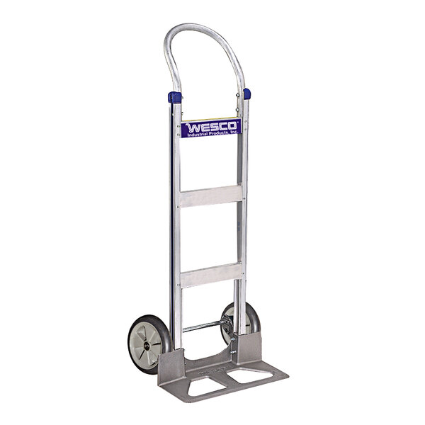 A silver Wesco Industrial Products hand truck with wheels and a handle.