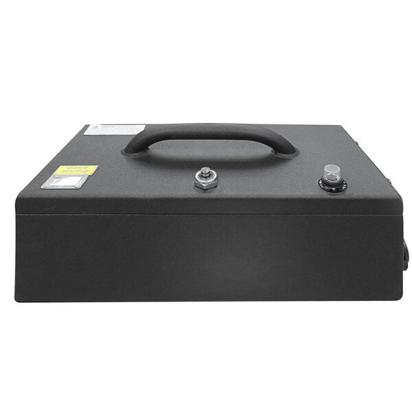 A black metal battery module box with a handle.