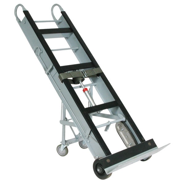 An aluminum Wesco hand truck with swivel casters and a nose plate.