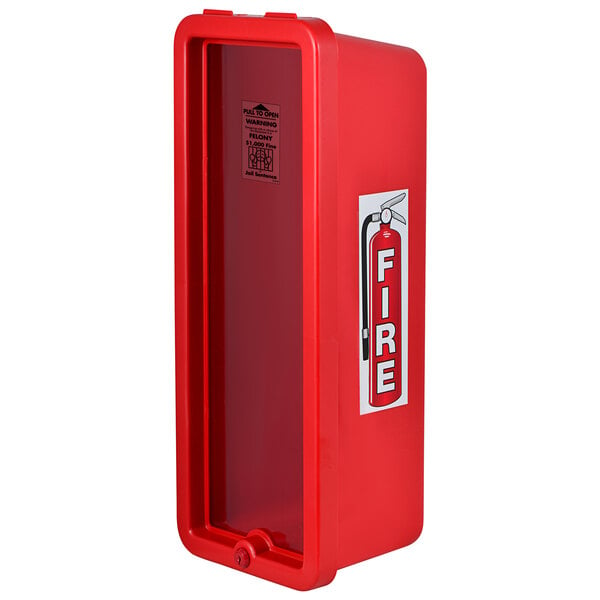 A red Cato fire extinguisher box with a clear glass door.