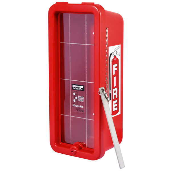 A red Cato fire extinguisher box with a breaker bar attachment.