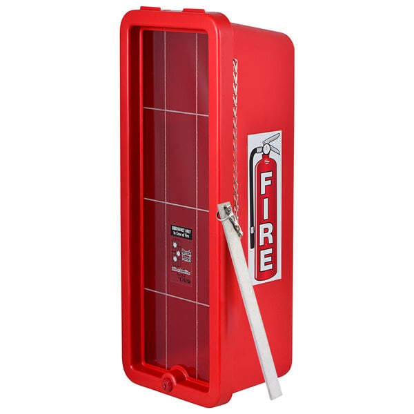A red Cato surface-mounted fire extinguisher cabinet with a glass door.