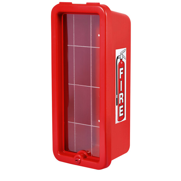A red surface-mounted fire extinguisher cabinet with a glass door.