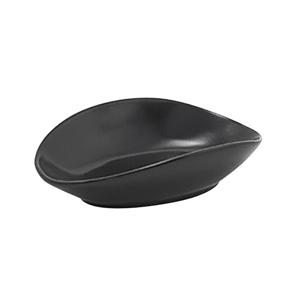 A black bowl with a small rim on a white background.