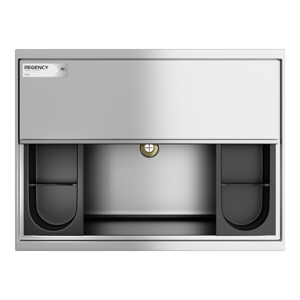 A stainless steel portable ice bin with bottle holders and a sliding lid.