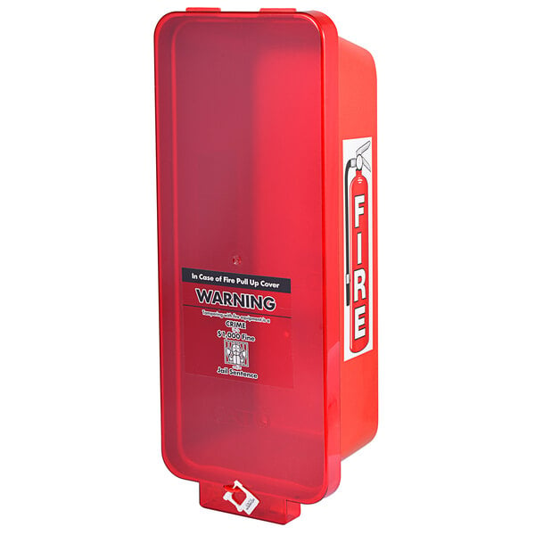 A red Cato fire extinguisher cabinet with a red pull-cover.