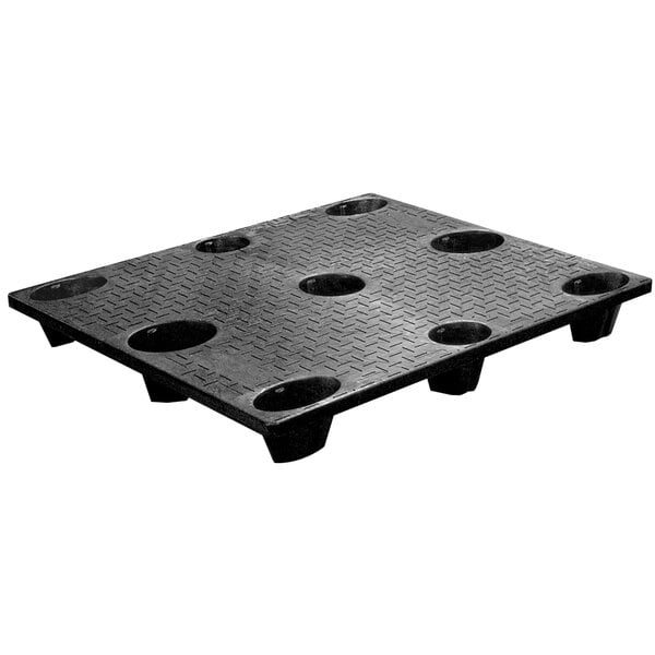 A black plastic Lavex pallet base with holes.