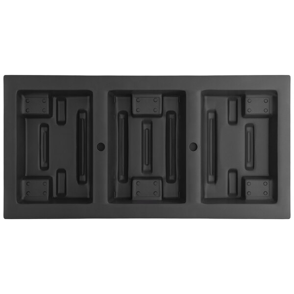 A black rectangular plastic container with four compartments.