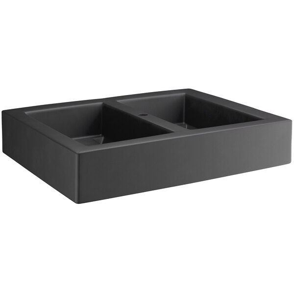a black rectangular sink with a hole