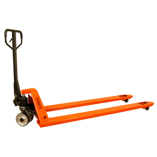 An orange Wesco hand pallet truck with long forks.