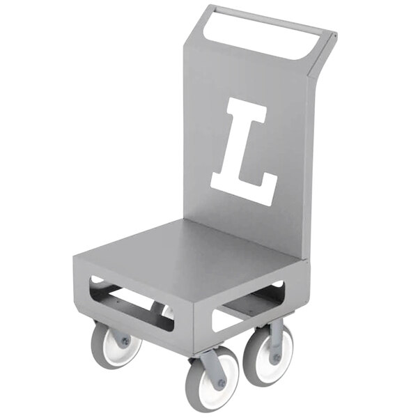 A stainless steel platform cart with the letters "Lakeside" on it.