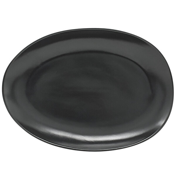 A black oval porcelain plate with a black rim.