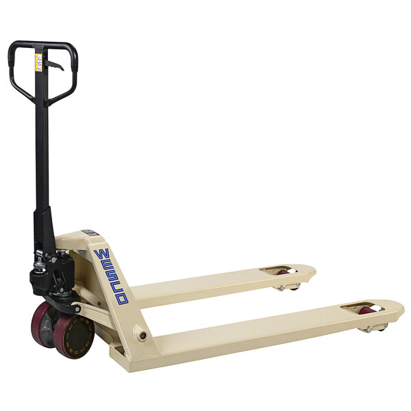 A white Wesco hand pallet truck with wheels.