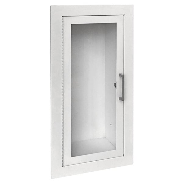 A white JL Industries fire-rated steel cabinet with a full window.