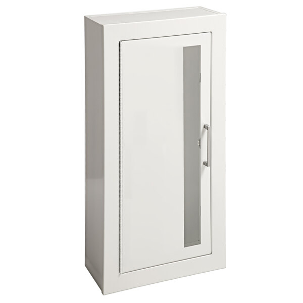 A white cabinet with a vertical glass door.