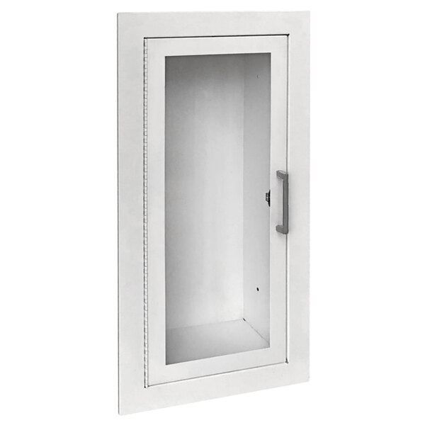 A white JL Industries fire extinguisher cabinet with a full window door.
