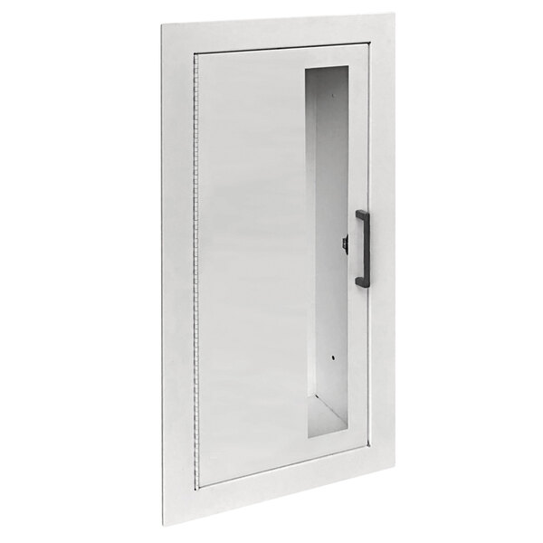 A white steel fire extinguisher cabinet with a vertical window.