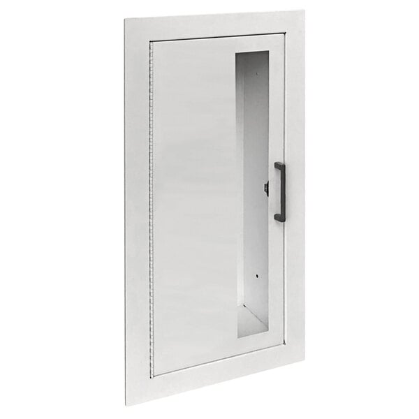A white steel cabinet with a vertical glass door and a black handle.