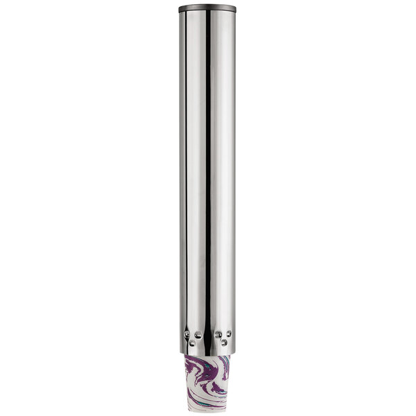 A stainless steel Modular wall mount cup dispenser with a white and silver marbled top.