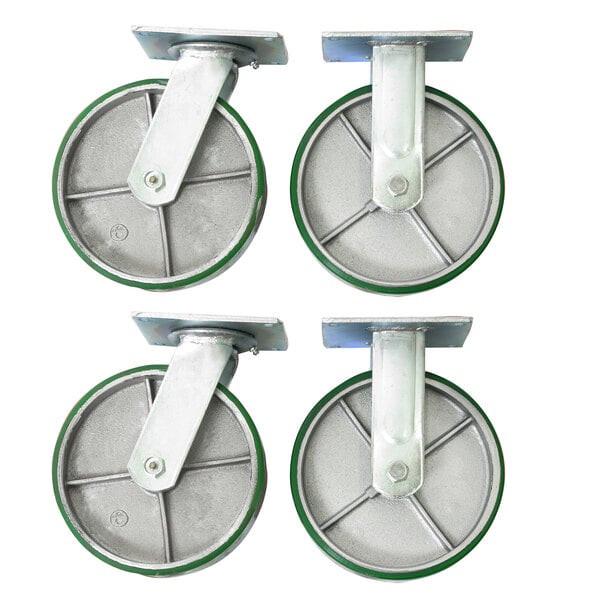 A set of four Wesco Industrial Products swivel and rigid castors with green polyurethane wheels and metal hubs.