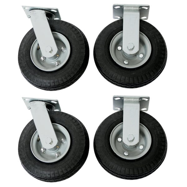 A set of four black and silver pneumatic caster wheels with metal brackets.