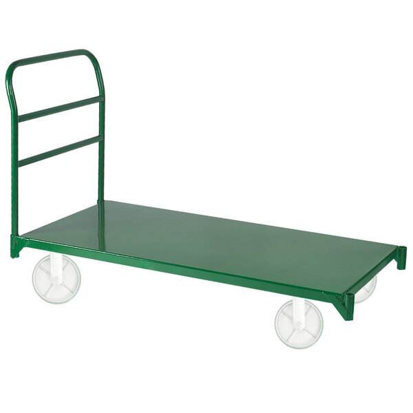A green metal platform truck with white wheels.