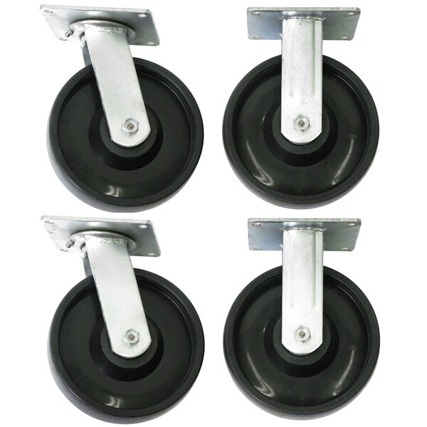A set of 4 black and silver Wesco Industrial caster wheels with a steel base.