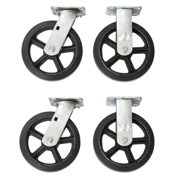 A set of four black and silver Wesco casters with black wheels.