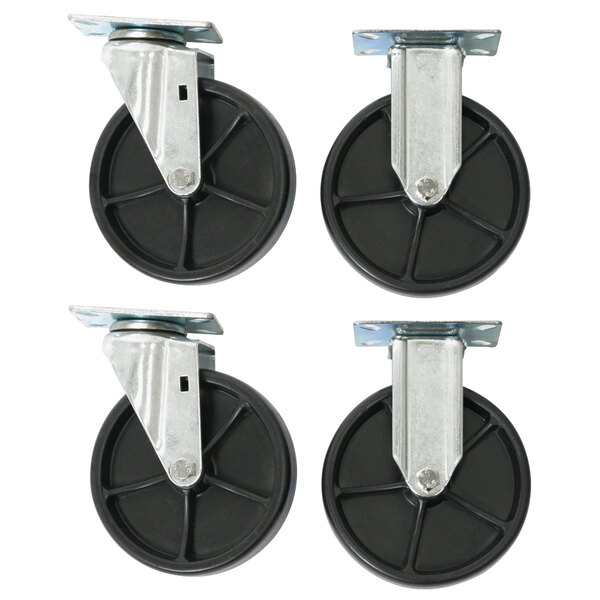 A set of four black and silver Wesco Phenolic casters.