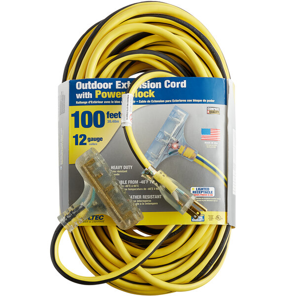 A Voltec yellow and black extension cord with yellow and black wires.