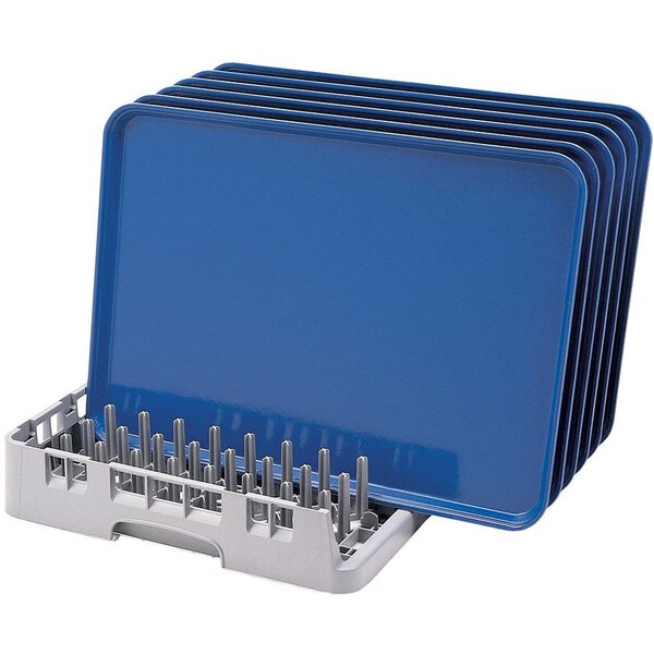 A soft gray Cambro tray rack holding blue trays with compartments.